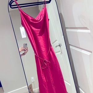 Hot pink slip dress.